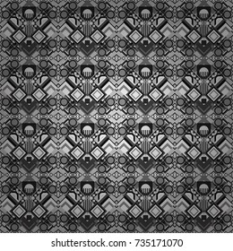 Retro seamless wallpaper pattern. Vintage black, white and gray backgrounds with geometric and simple floral elements. Vector illustration.