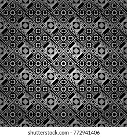 Retro seamless wallpaper pattern. Vintage black, white and gray backgrounds with geometric and simple floral elements. Vector illustration.