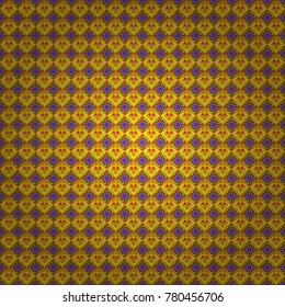 Retro seamless wallpaper pattern. Vintage yellow, orange and red backgrounds with geometric and simple floral elements. Vector illustration.