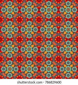 Retro seamless wallpaper pattern. Vintage blue, pink and orange backgrounds with geometric and simple floral elements. Vector illustration.