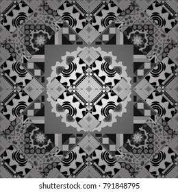 Retro seamless wallpaper pattern. Vintage black, white and gray backgrounds with geometric and simple floral elements. Vector illustration.