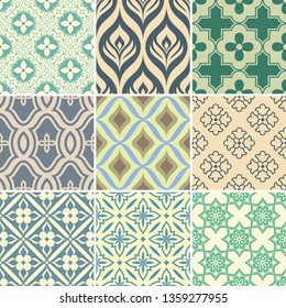 Retro seamless wallpaper patterns. Vintage backgrounds with geometric and simple floral elements. Vector illustration.