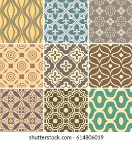 Retro seamless wallpaper patterns. Vintage color backgrounds with geometric and simple floral elements. Vector illustration.