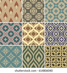 Retro seamless wallpaper patterns. Vintage color backgrounds with geometric and simple floral elements. Vector illustration.