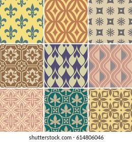 Modalidades de papel tapiz retro. Colores de color vintage con elementos geométricos y florales simples. Ilustración vectorial.