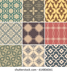 Modalidades de papel tapiz retro. Colores de color vintage con elementos geométricos y florales simples. Ilustración vectorial.