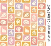 Retro seashells summer seamless pattern. Sea holiday collage mosaic background illustration. Patchwork blocks vintage marine print. Pastel tropical summer pattern. Hand drawn shells collection.