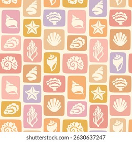 Retro seashells summer seamless pattern. Sea holiday collage mosaic background illustration. Patchwork blocks vintage marine print. Pastel tropical summer pattern. Hand drawn shells collection.
