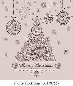 Retro seasonal greeting with lacy xmas tree and hanging baubles