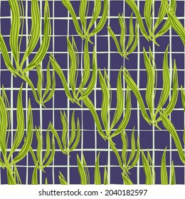 Algas marinas retro sin soldadura sobre fondo de rayas. Papel pintado de plantas marinas. Fondo follaje submarino. Diseño para tela, impresión textil, envoltura, cubierta. Ilustración vectorial.