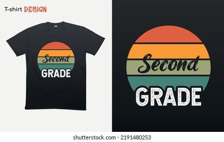 "Retro segundo grado". De vuelta a la escuela vibraciones estilo retro. Ilustración de la puesta de sol retro.  Para pegatinas, camisetas, tazas, etc. Eps 10