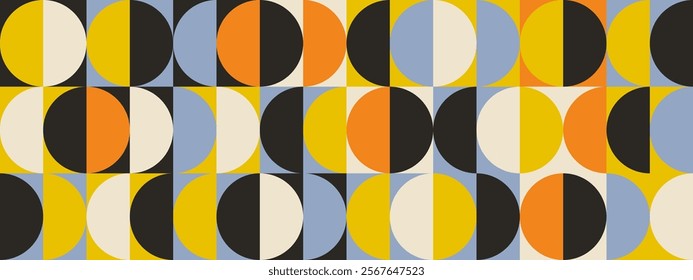 Retro semi circle seamless pattern. Abstract geometric mid century background. Colorful Swiss modernist or postmodernist style wallpaper. Vector modular repeating overlay. Colorful mural backdrop