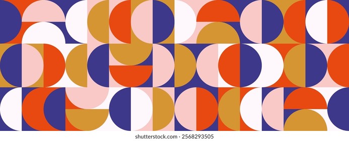 Retro semi circle seamless pattern. Abstract geometric mid century background. Colorful Swiss modernist or postmodernist style wallpaper. Vector modular repeating overlay. Red pink gold mural backdrop