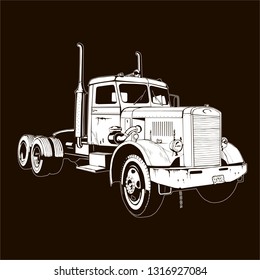 Retro semi truck isolated on black background, monogram, white, isolated on black, vector for black t-short