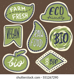Retro set of 100% bio, farm fresh,vegan, eco, healthy food labels. Hand drawn logo templates with vintage elements for restaurant menu or food package. Vector badges in hipster style