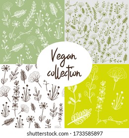 Retro set of 100% bio, organic, gluten free, eco, healthy food seamless patterns. Hand drawn logo templates. Vintage elements for restaurant menu or organic food package. 