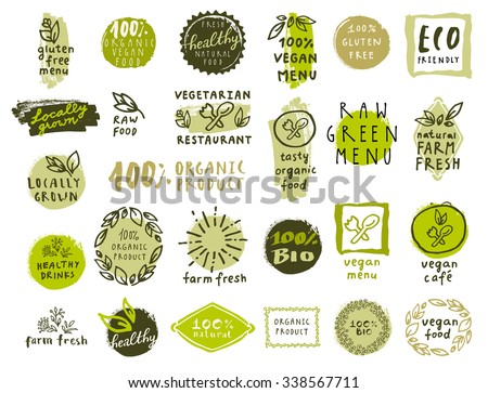 Retro set of 100% bio, organic, gluten free, eco, healthy food labels. Hand drawn logo templates. Vintage elements for restaurant menu or organic food package. Vector health food badges, hipster style