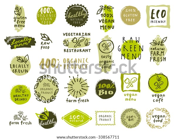 Retro set of 100% bio, organic, gluten free, eco,\
healthy food labels. Hand drawn logo templates. Vintage elements\
for restaurant menu or organic food package. Vector health food\
badges, hipster style