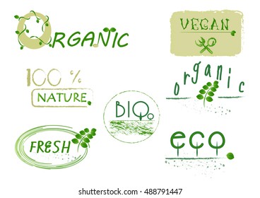 Retro set of 100%healthy food labels. Hand drawn logo templates with floral and vintage elements for restaurant menu or food package. Vector badges in hipster style