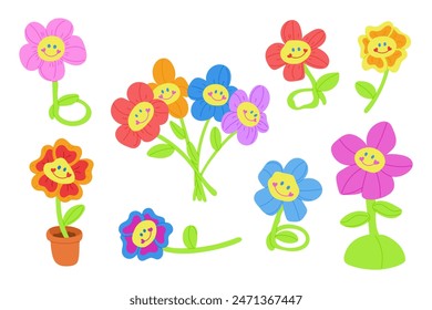 Conjunto retro de flores artificiales de la década de 2000. Ilustración plana de Vector de juguetes suaves en colores de neón de 2yk aislado sobre fondo blanco. Perfecto para la decoración, pegatinas y logotipo