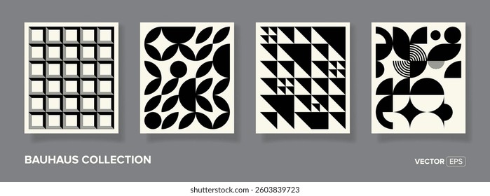 Retro set of 4 minimal vintage 20s geometric design posters, wall art, template, layout with primitive shapes elements. Bauhaus pattern background, vector abstract circle, triangle and square line art