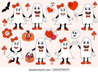 Retro set 70s 60s 80s Hippie Groovy Halloween Ghosts girl and boy in love. Pumpkin, skull, fly agaric, flower power, spider web. Valentine candy hearts with text Boo, Spooky. Vector flat.