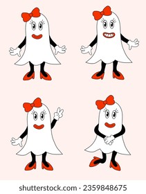 Retro set 70s 60s 80s Hippie Groovy Halloween Ghosts cute girls. Show the peace sign. Vector flat illustration.