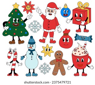 Retro set 70s 60s 80s Hippie Groovy Christmas Characters. Vector flat illustration.