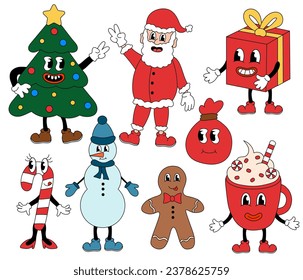 Retro set 70s 60s 80s Hippie Groovy Christmas Characters. Vector flat illustration.
