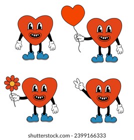 Retro Set 70s 60s 80s Hippie Groovy Valentine Tag liebevoll Herzcharakter Junge. Maskottensammlung im trendigen Stil von Funky. Vektorflache Illustration.