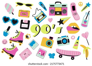 Retro set of 80s 90s icons in modern flat style: gadgets, cassettes, roller skate, camera, accessories. Patch, sticker design collection. Oldschool cartoon teenage illustrations. Vector elements