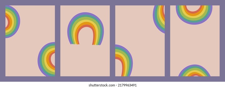 Retro set background with groovy rainbow in doodle style. Isolated vector template set for cover, banner or posters in 1970s style.