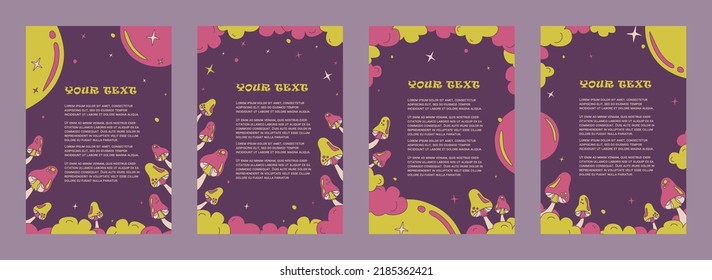 Retro set backgrounds with groovy magic mushrooms and stars in doodle style. Isolated vector template set for cover, banner or posters in 1970s style.