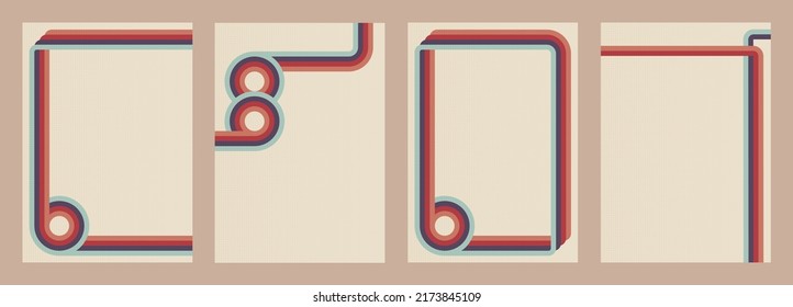 Retro set backgrounds with stripes and half-tone square texture in 1970s style. Vintage template for cover or banner. Vector illustration in retro colors.