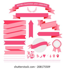 Retro set of Banners and Arrows / Vector badges, arrows, labels and seamless pattern in pink colors. Flat design.