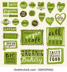Retro set of bio, vegan, organic, fresh, raw, tasty natural food labels. Hand drawn logo templates. Vintage elements for restaurant menu, organic food package. Vector health food badges, hipster style