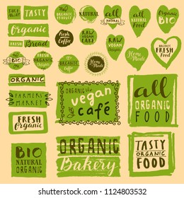 Retro set of bio, vegan, organic, fresh, raw, tasty natural food labels. Hand drawn logo templates. Vintage elements for restaurant menu, organic food package. Vector health food badges, hipster style