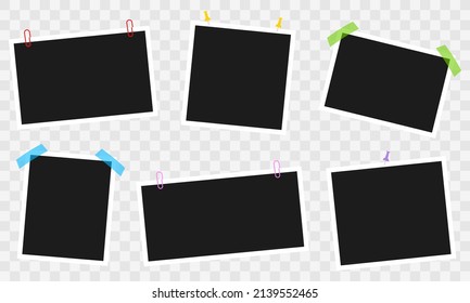 Retro set with black blank photo frame on transparent background. Frame template. Vintage vector set.