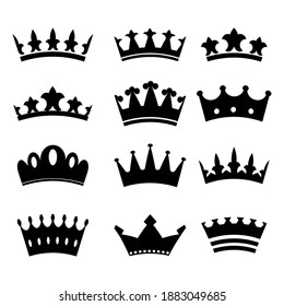 Conjunto retro de coronas negras, gran diseño para cualquier propósito. Coronas negras sobre fondo blanco. Imagen de archivo.
