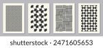 Retro set of black and white geometric vector pattern minimal posters with 20s geometric design. Trendy bauhaus pattern background for cover design, poster and interior.