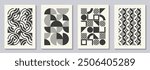 Retro set of black and white geometric vector pattern minimal posters with 20s geometric design. Trendy bauhaus pattern background for cover design, poster and interior.