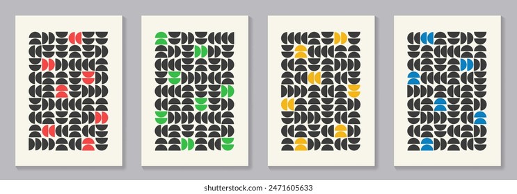 Retro set of black and white geometric vector pattern minimal posters with 20s geometric design. Trendy bauhaus pattern background for cover design, poster and interior.