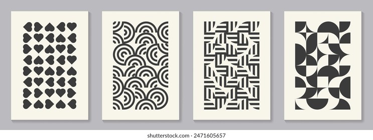 Retro set of black and white geometric vector pattern minimal posters with 20s geometric design. Trendy bauhaus pattern background for cover design, poster and interior.