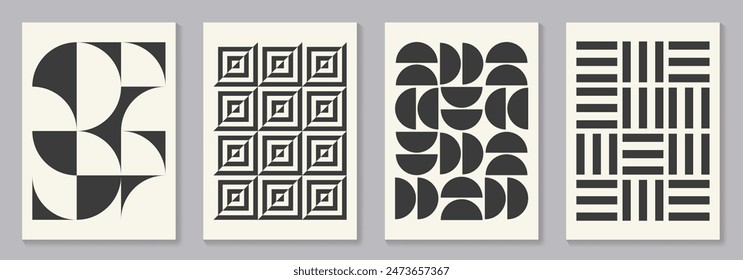 Retro set of black and white geometric vector pattern minimal posters with 20s geometric design. Trendy bauhaus pattern background for cover design, poster and interior.