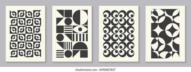 Retro set of black and white geometric vector pattern minimal posters with 20s geometric design. Trendy bauhaus pattern background for cover design, poster and interior.