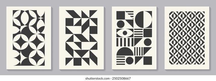 Retro set of black and white geometric vector pattern minimal posters with 20s geometric design. Trendy bauhaus pattern background for cover design, poster and interior.