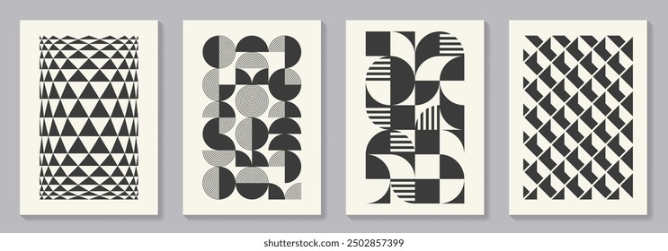 Retro set of black and white geometric vector pattern minimal posters with 20s geometric design. Trendy bauhaus pattern background for cover design, poster and interior.