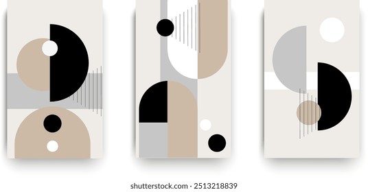 Retro set of black and white geometric vector pattern in frame. Minimal posters geometric design. Trendy pattern background for cover design, poster and interior.