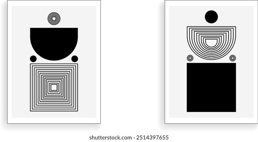 Retro set of black and white geometric vector in frame. Minimal posters geometric design. Trendy pattern background for cover design, poster and interior.