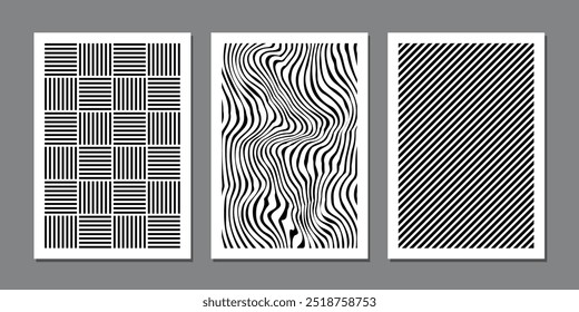 Retro set of black and white geometric ans natural vector pattern minimal posters with elegant design. Trendy bauhaus pattern background for cover design, poster and interior.